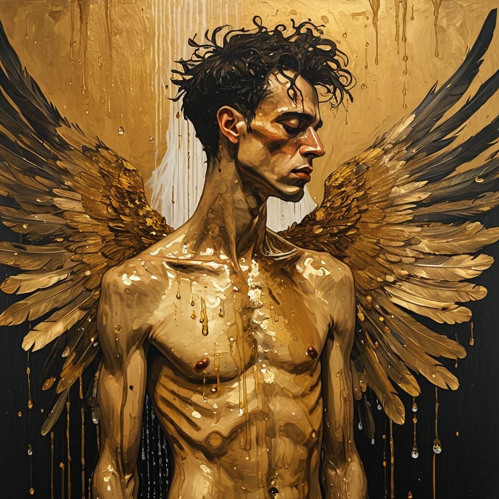 Winged Man in Shower: Golden Oil Painting