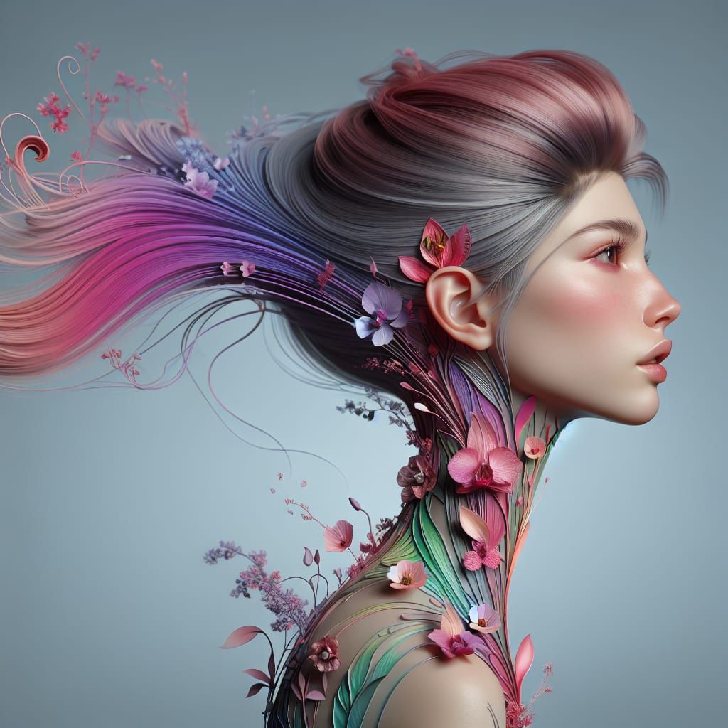 Floral Iridescent Woman Portrait in Hyperrealism