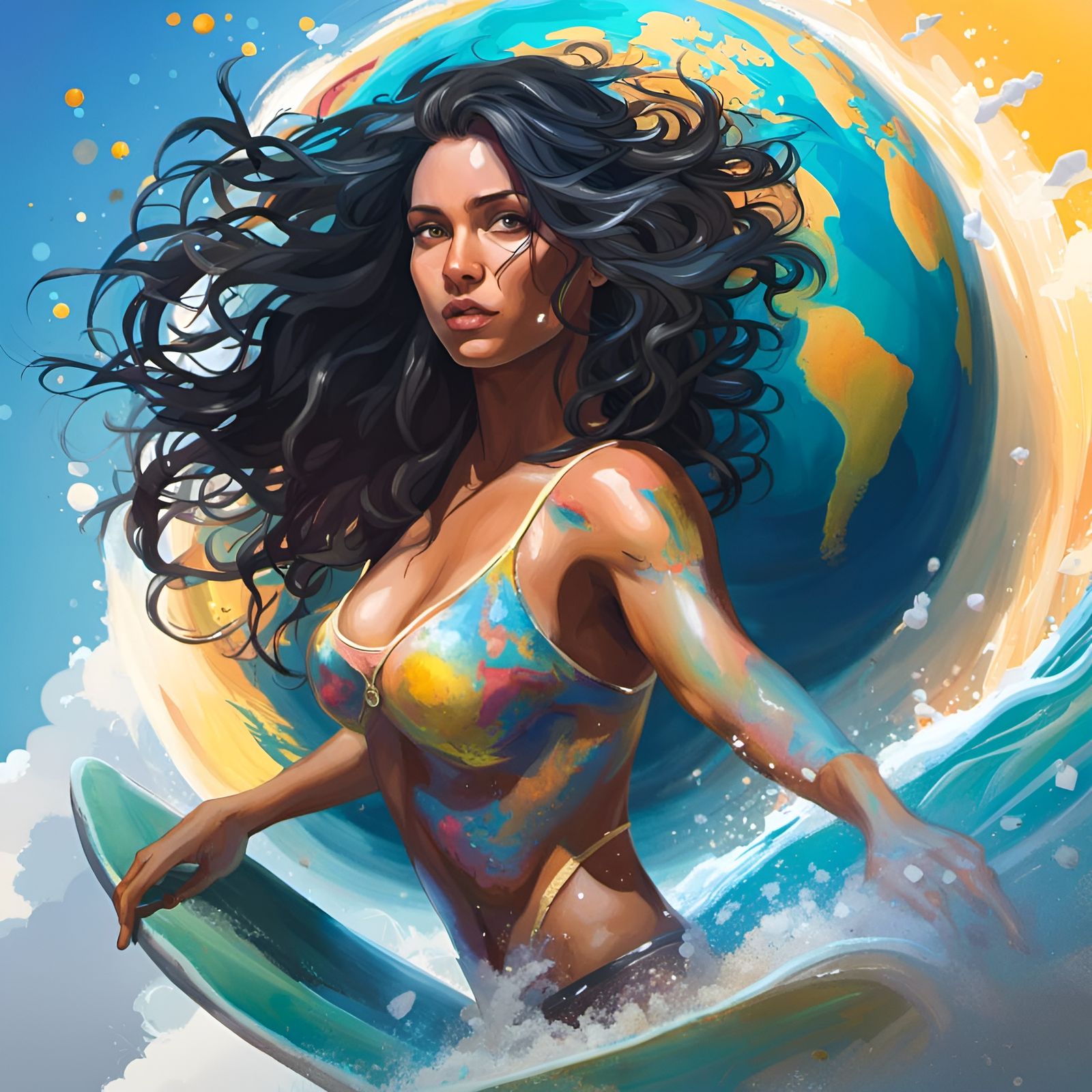 Woman Surfing with World Globe in Splash Art Style