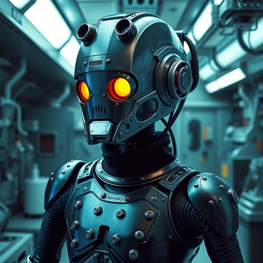 Crude Metal Robot in Retro-Futuristic Lab