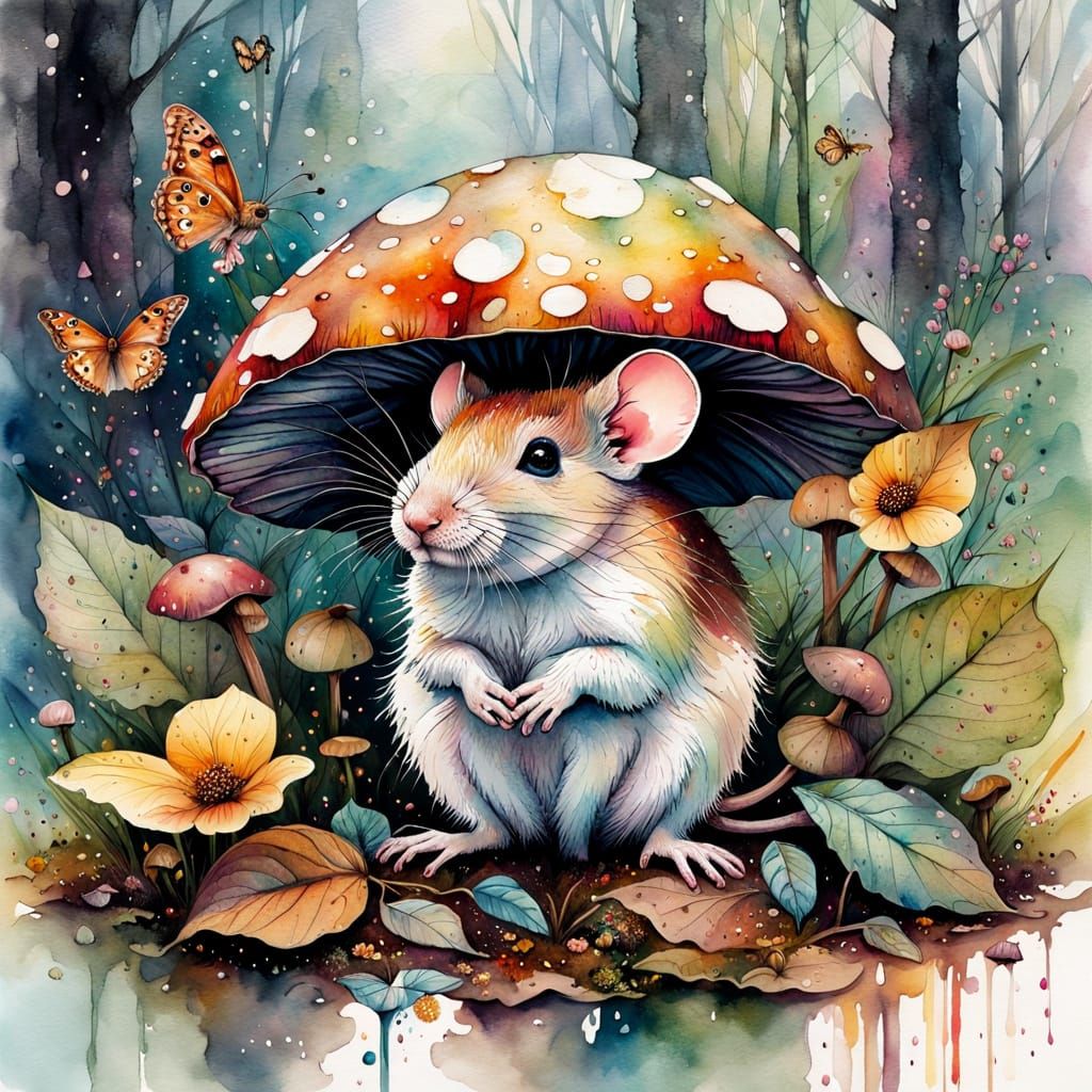 Mouse in Rainy Forest, Watercolour Art