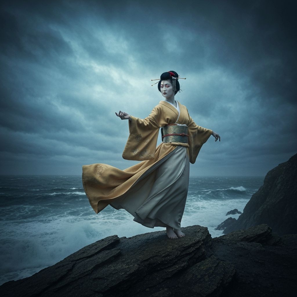 Geisha on Windswept Cliff in Dramatic Style