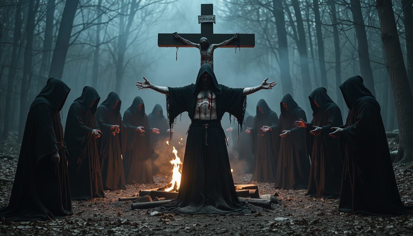 Eerie Forest Ritual with Inverted Cross