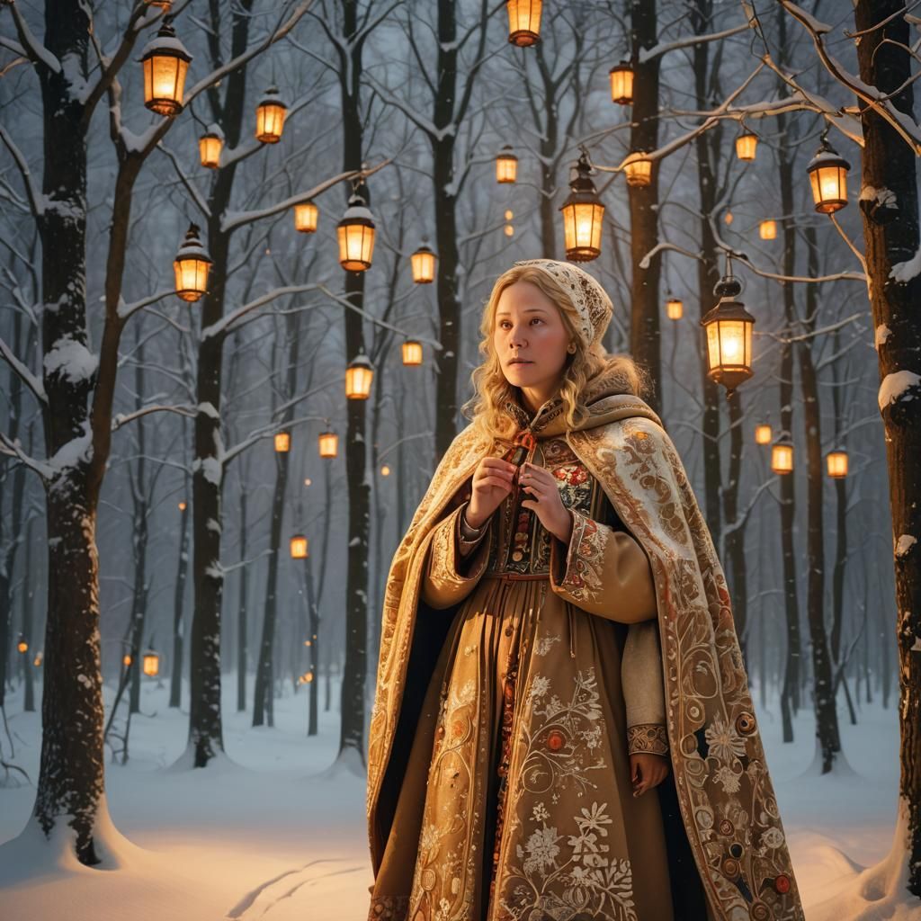 Nordic Woman Singing in Snowy Forest Folk Art