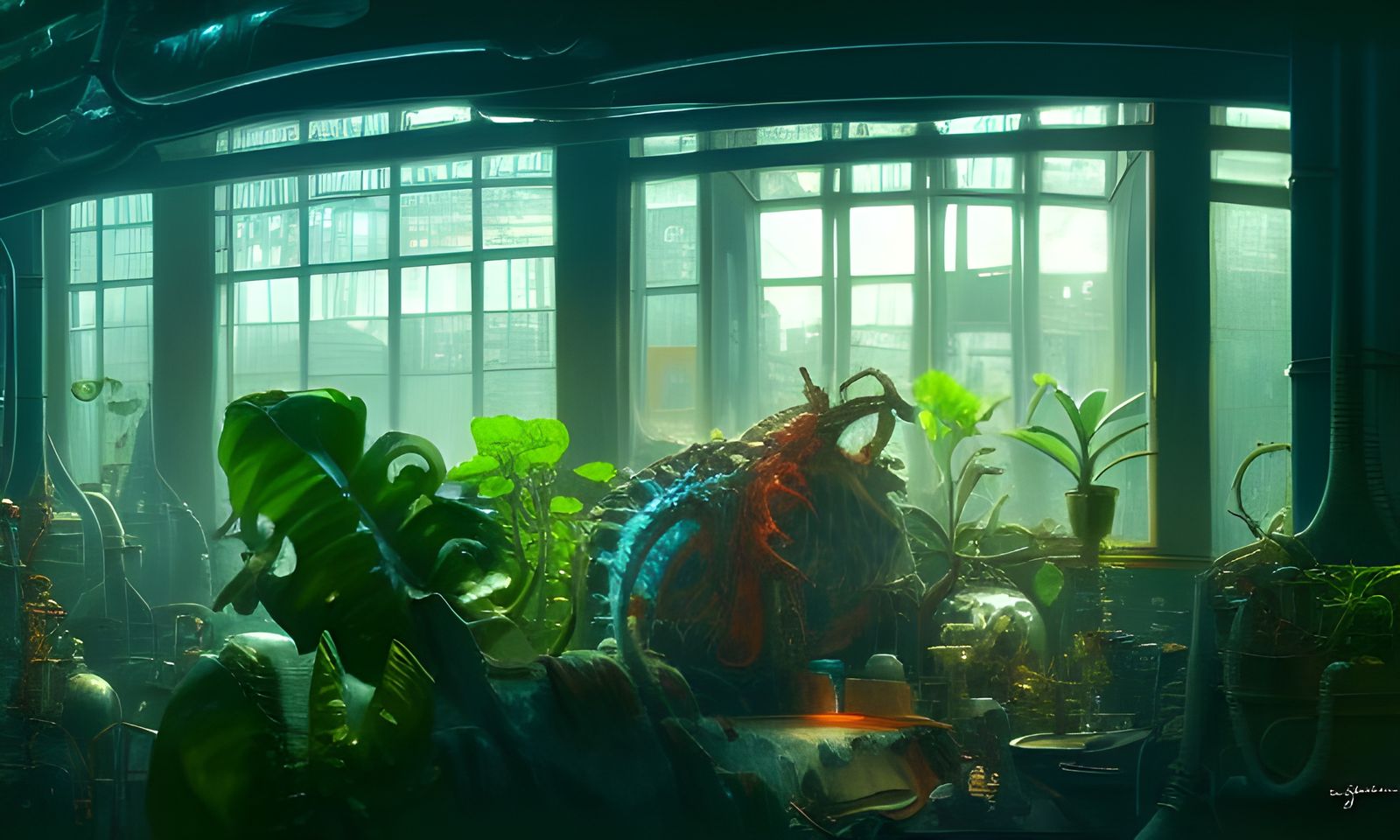 Mad scientist laboratory with potions and plants
