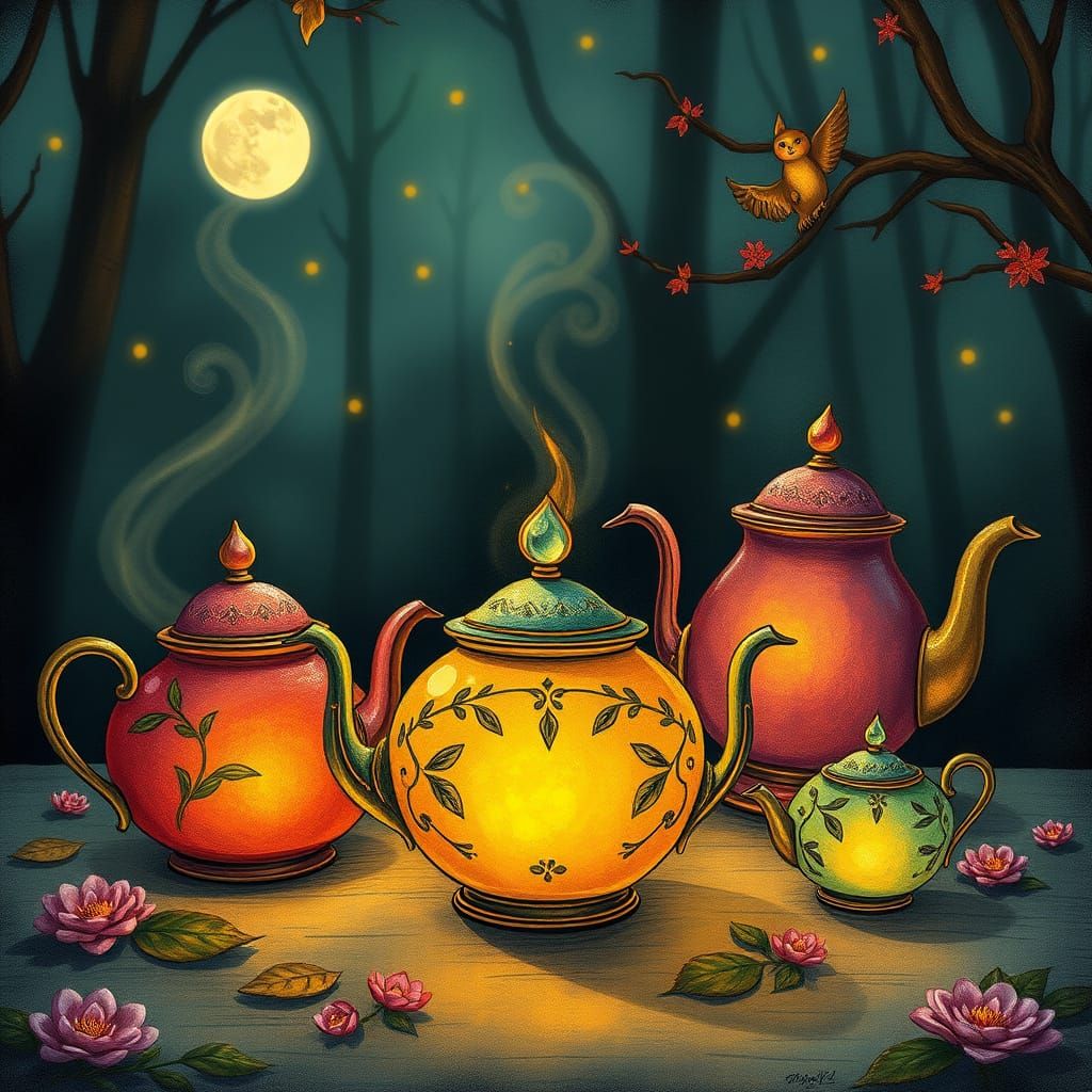 Magical Teapots Displayed in Whimsical Setting