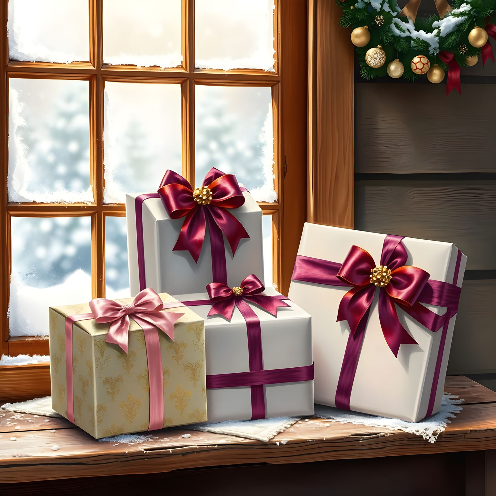 Whimsical Christmas Gifts in Snowy Window Scene, in Watercol...