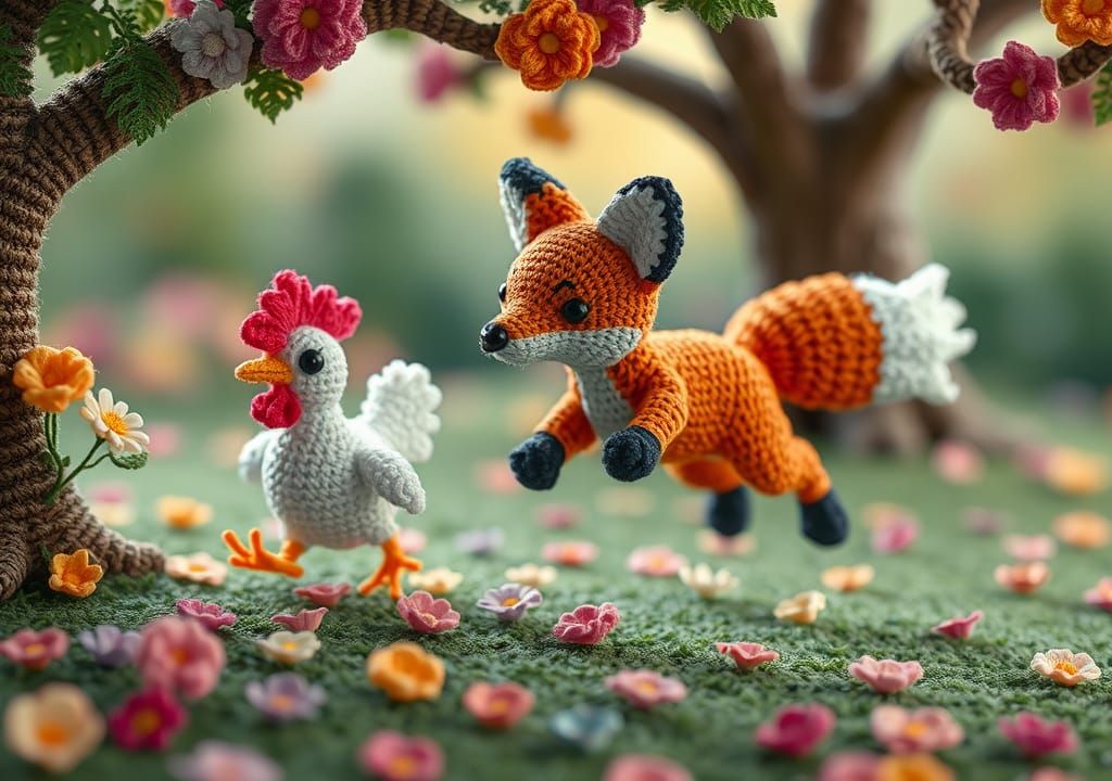 Vibrant Crochet World: Fox Chasing Chicken