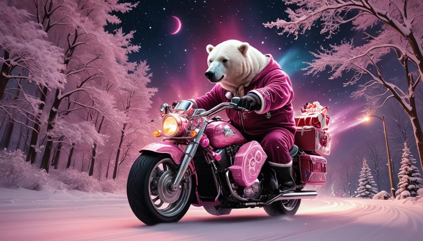 Glowing Polar Bear Rides Christmas Harley in Psychedelic Sno...