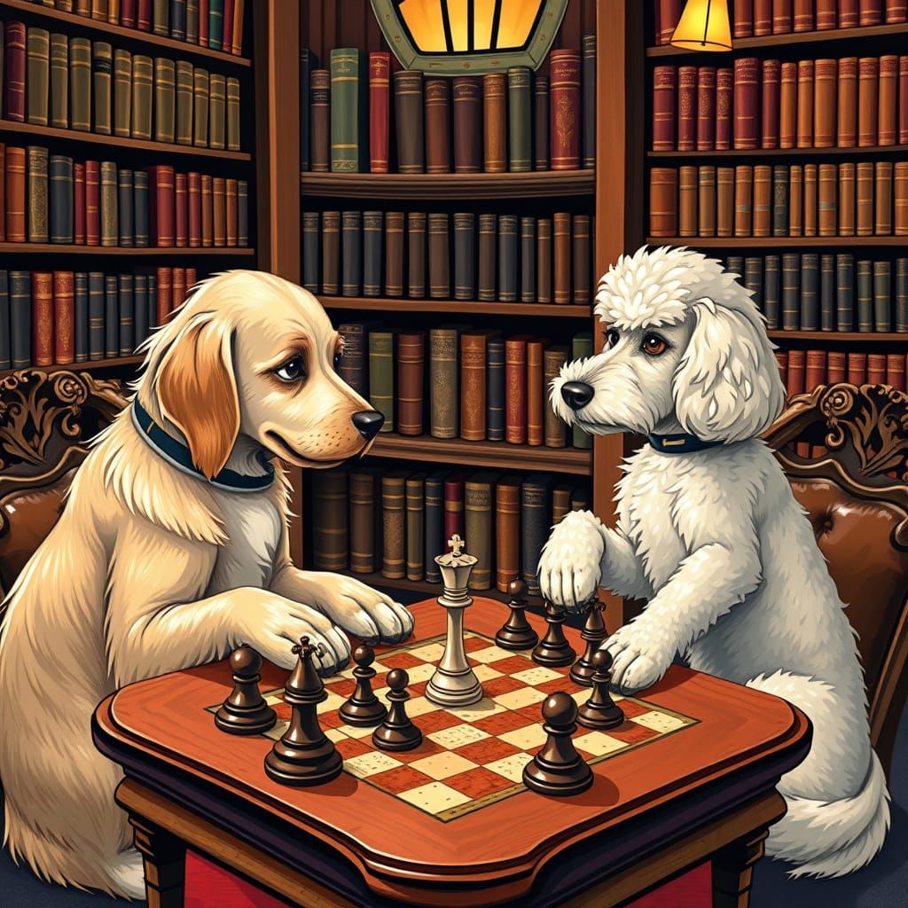 Dogs Engage in Chess in Whimsical Artistic Style