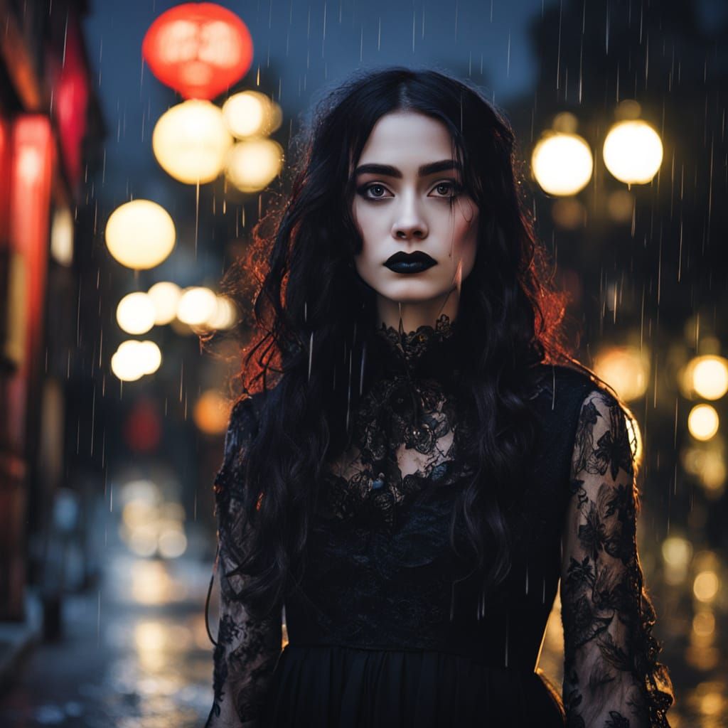 Gothic Noir Portrait of a Mysterious Woman in the Rain