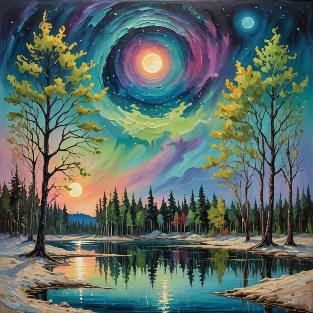 Moon Dripping into Lake: Expressionist Oil Painting