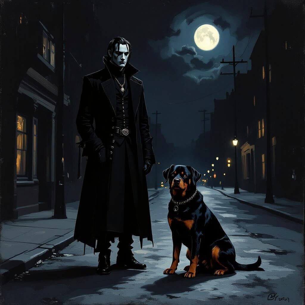 Goth Man and Rottweiler on Moonlit Street