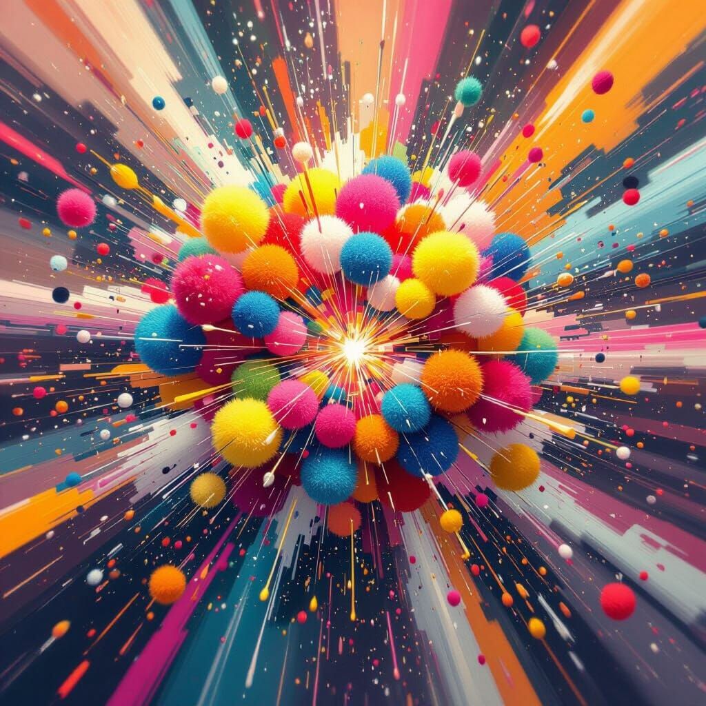 Kinetic Pom-Poms Exploding Outwards in Digital Painting Styl...