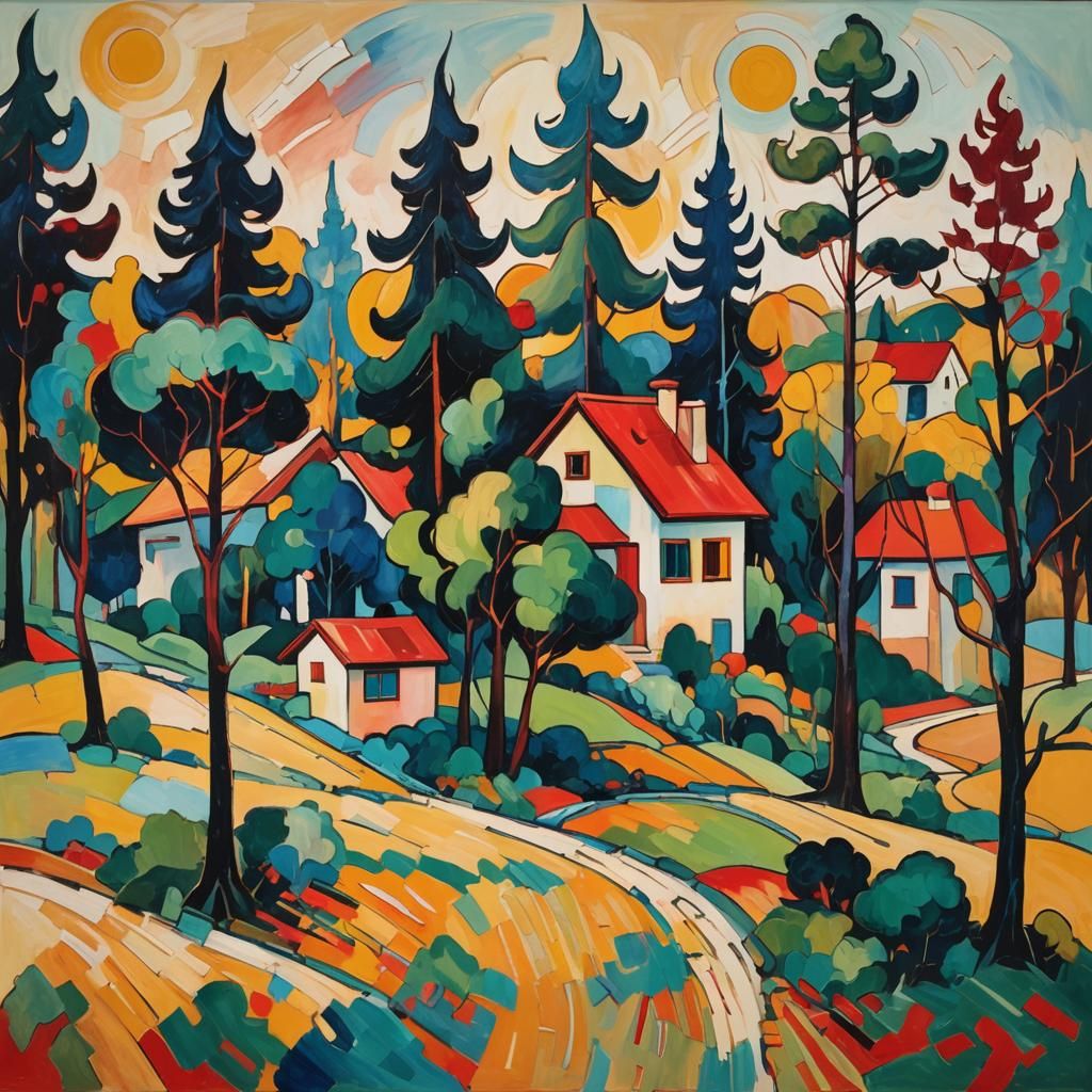 Abstract Landscape with Red Roof in Expressionist Style