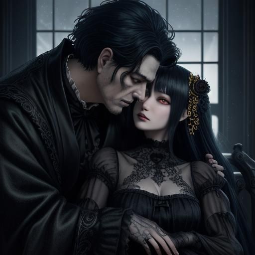 Morticia and Gomez: Dark Fantasy Anime Embrace