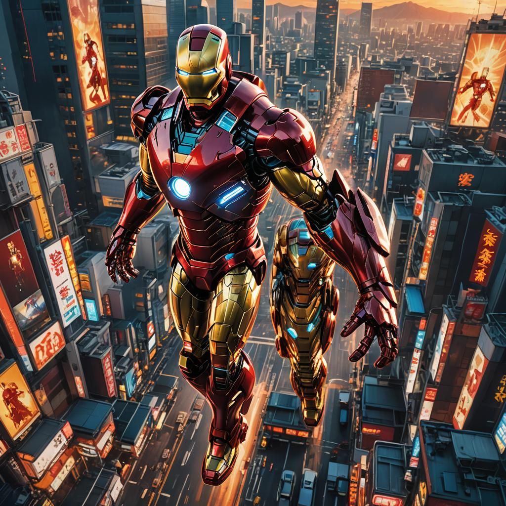 Iron Man Flies Through Tokyo: Vibrant Digital Art