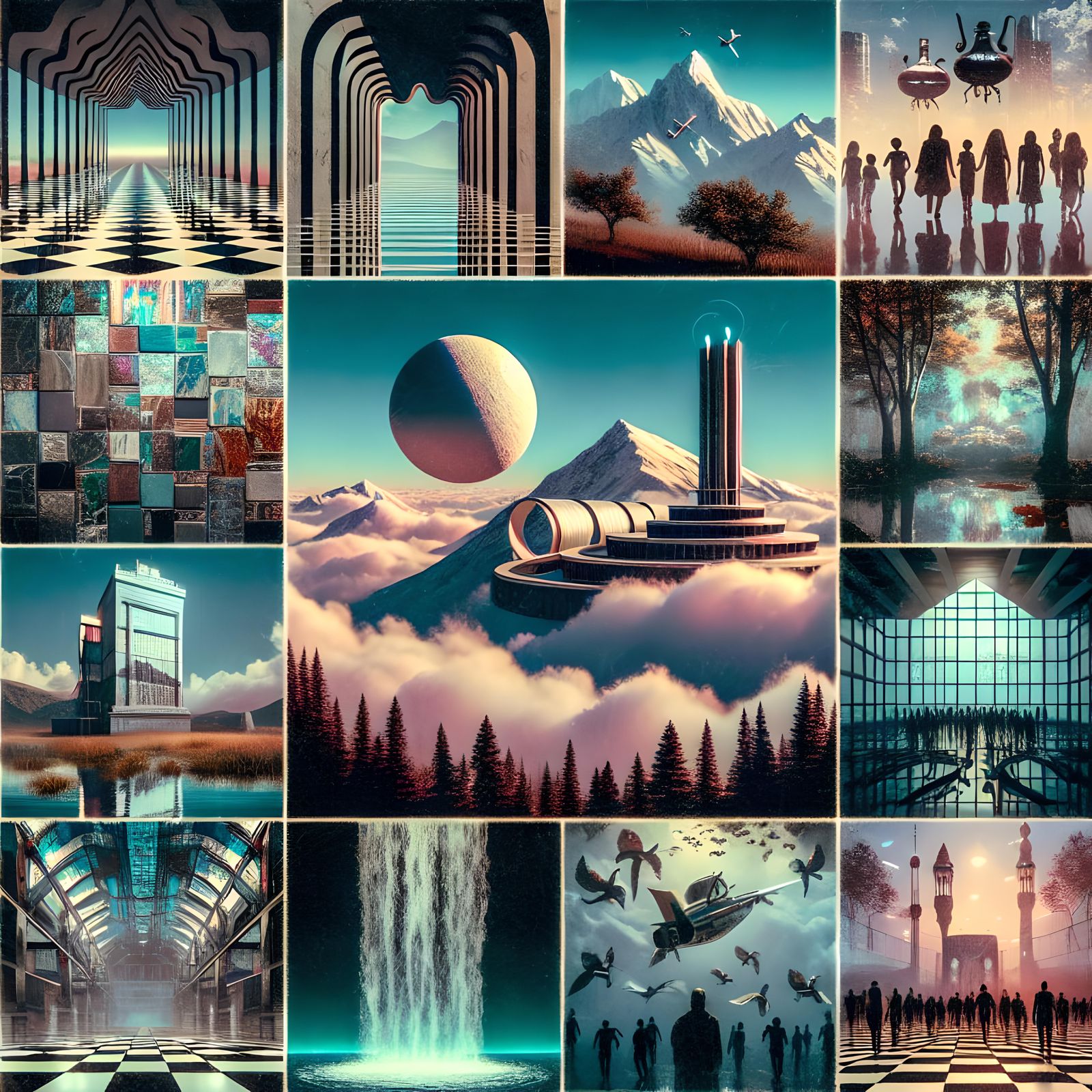 Futuristic Mountain City Collage: 80s Dark Fantasy Theme