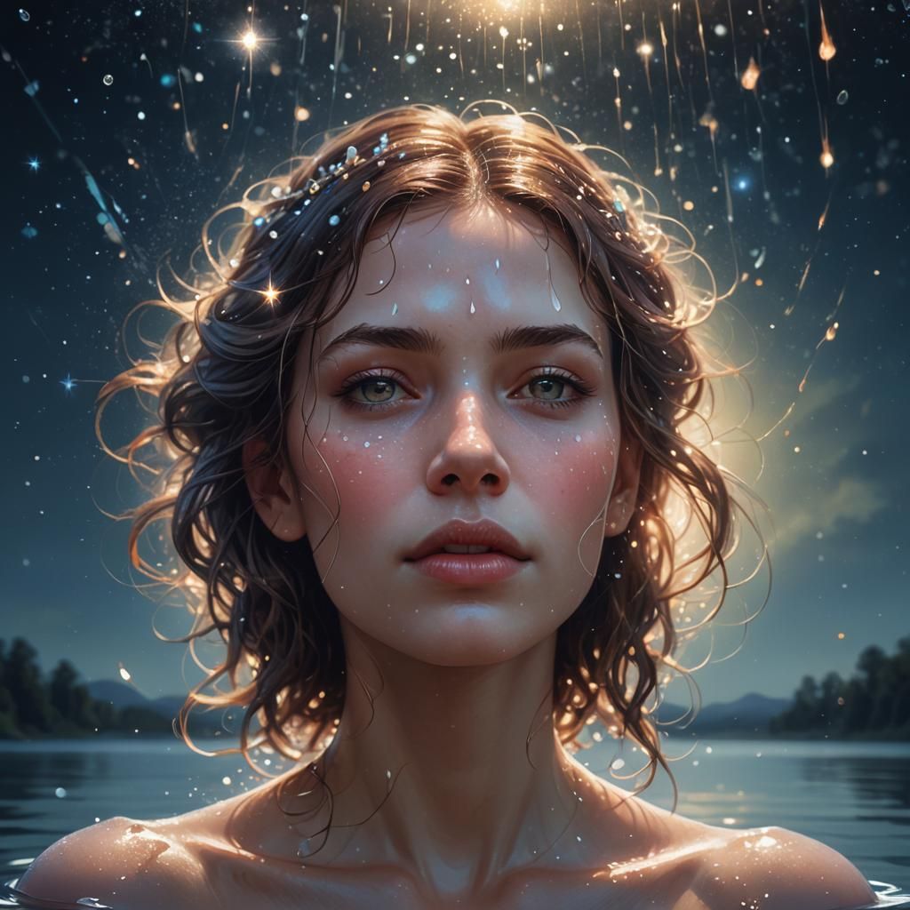 Ethereal Woman Emerging from Lake in Moonlight