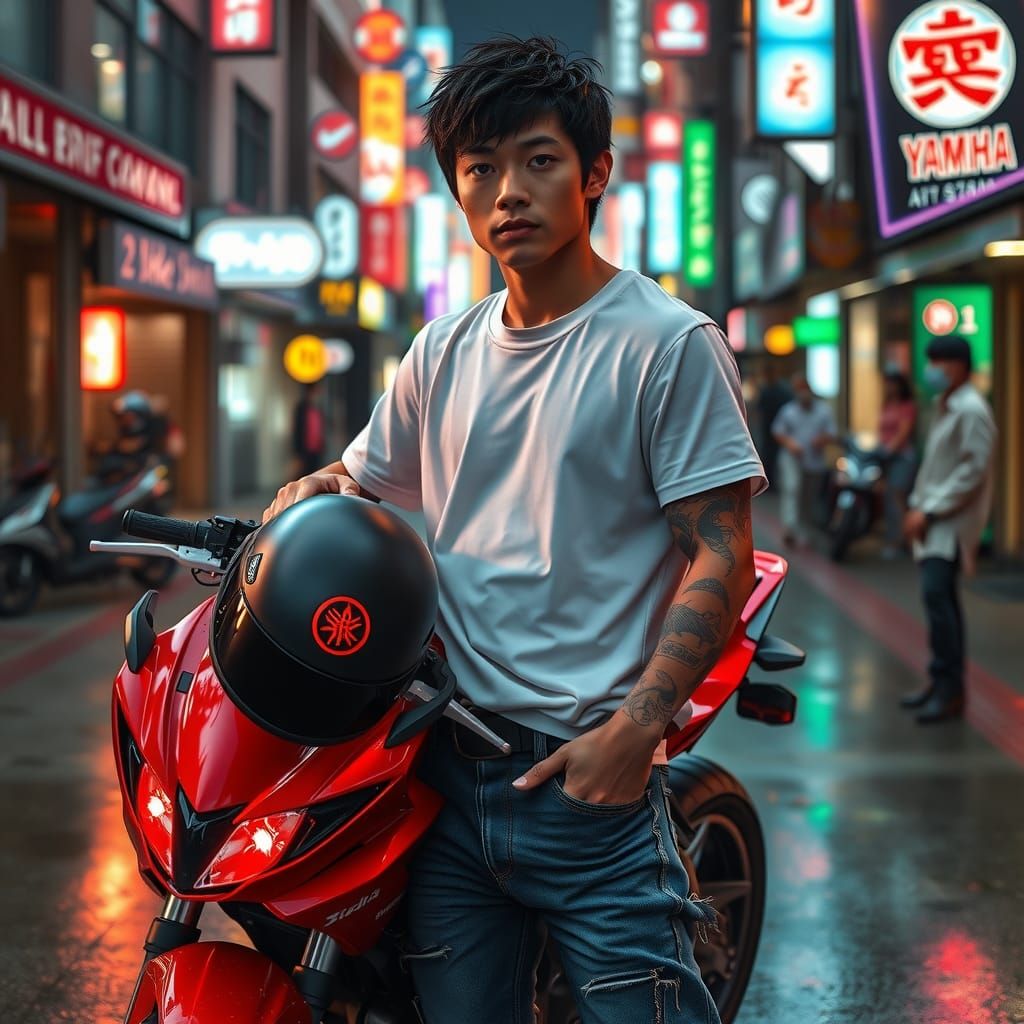 Japanese Man with Motorcycle in Cyberpunk Cityscape