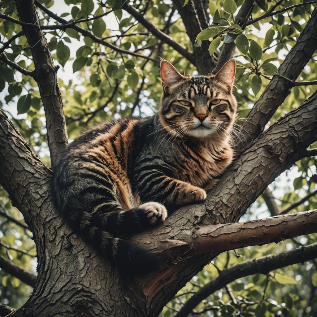 Cinematic Cat Napping in Tree