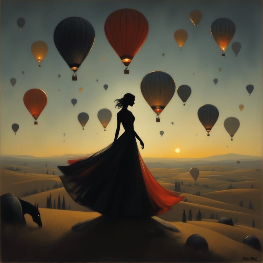 Woman in Evening Dress in Hot Air Balloon