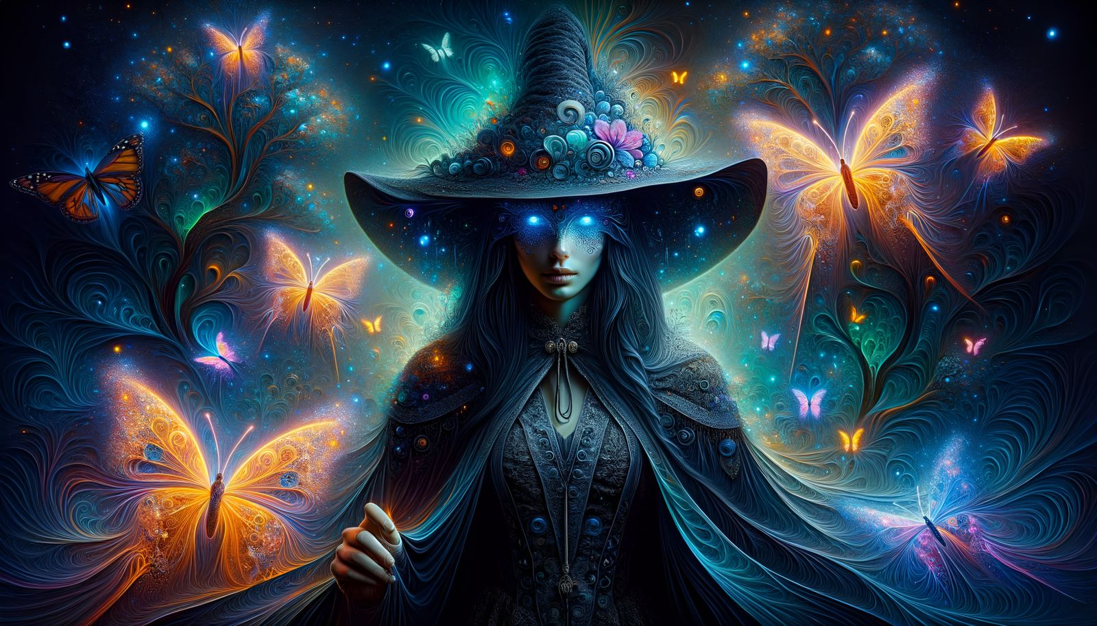 Fantasy Woman in Forest with Neon Glow