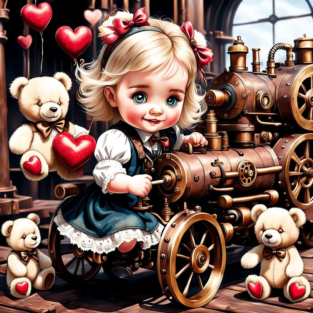 Steampunk Baby Girl Playing with Teddy Bears