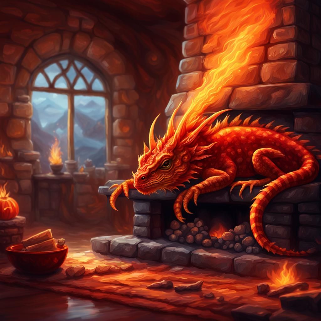 Stunning view of a red fluffy dragonet resting near the fireplace crackling orange fire, small dragon, pet dragon, mythi...