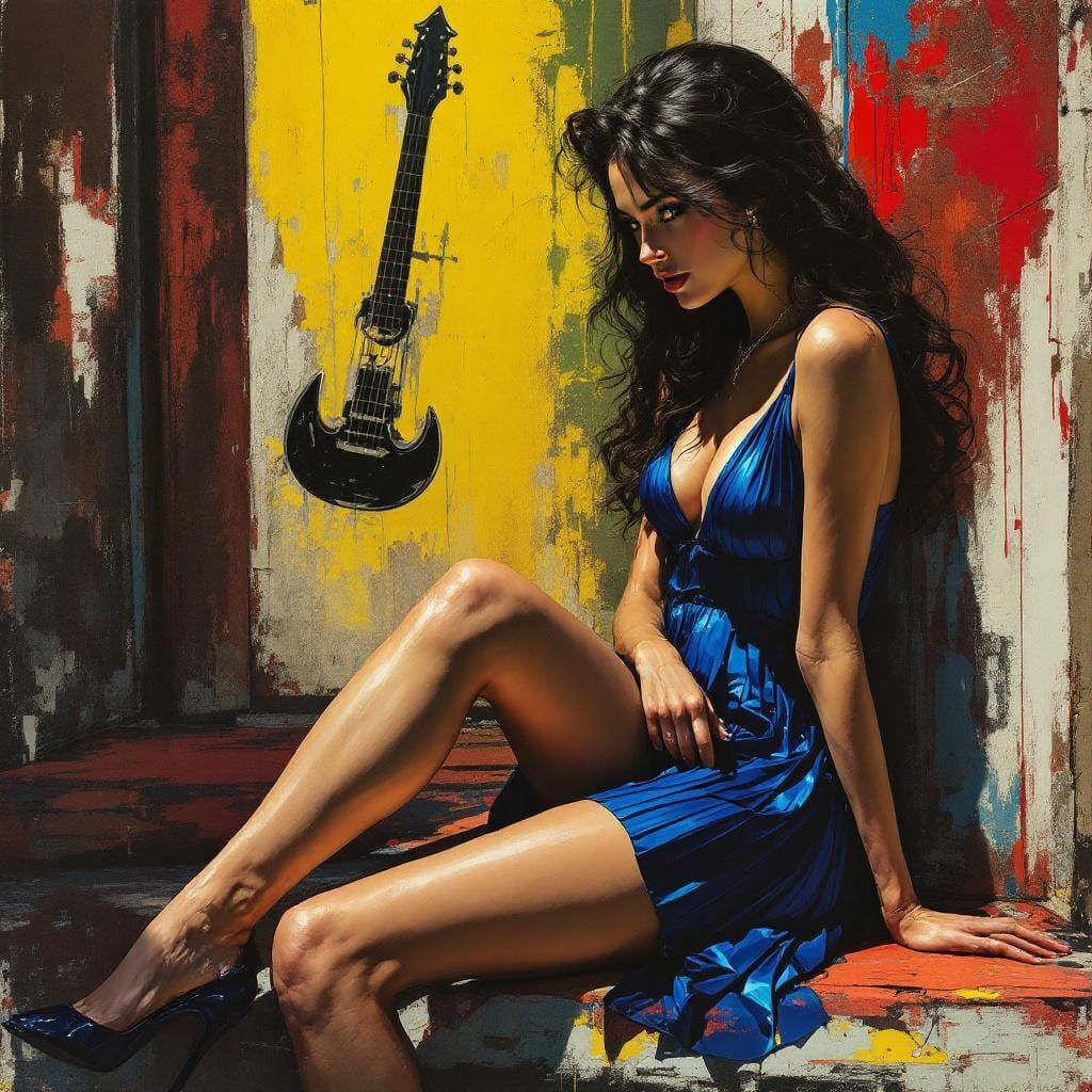 Italian Woman in Blue Dress, Dramatic Lighting