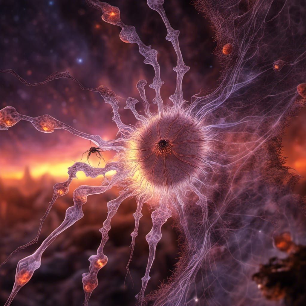 Alien Spiders Weaving Sculpture with Nebula Eggs