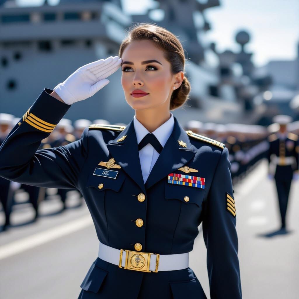 Female Officer in Crisp Navy Uniform Saluting