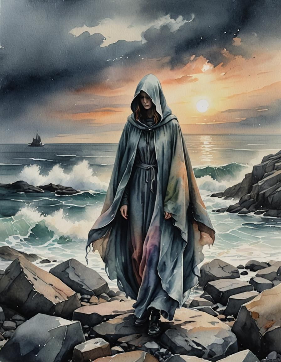 Hooded Ghost on Stormy Coast in Watercolour Style