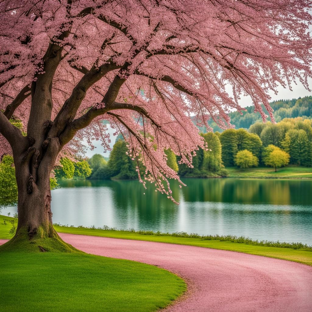 Giant Pink Cherry Tree at Morning Lakeside