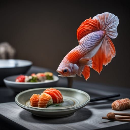 Ceramic Betta Fish Enjoys Sushi Dinner