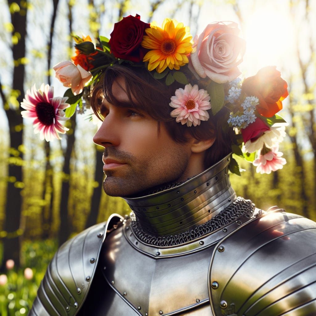 Crusader Knight with Flowers in Hair on Sunny Day