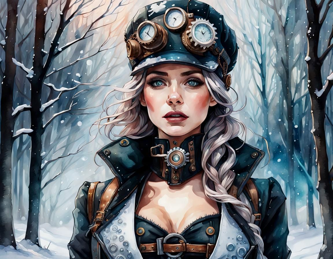 Beautiful Steampunk Girl in Winter Wonderland Watercolor