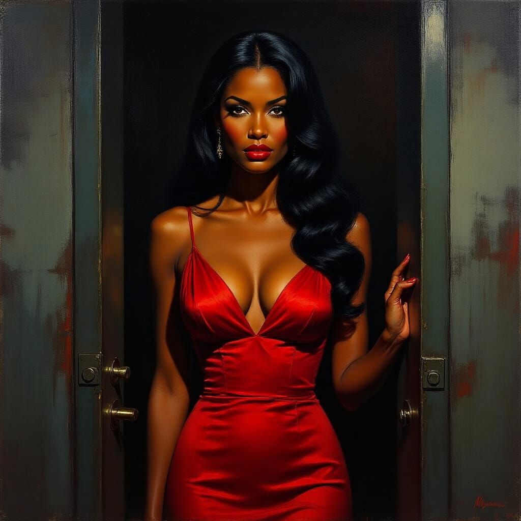 Ominous Film Noir Painting of Woman in Red Dress