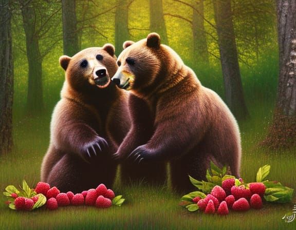 Cute Bears Eating Raspberries in Forest Painting