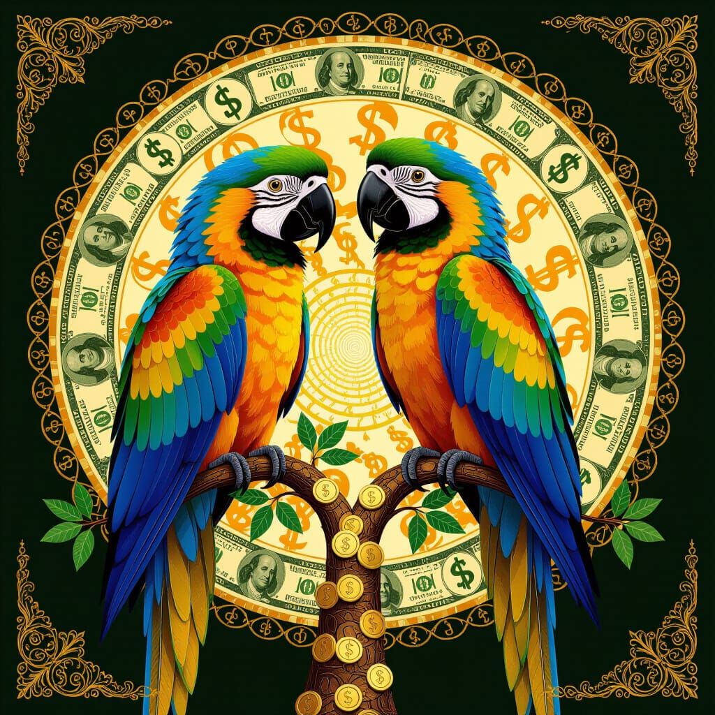 Macaws with Gold Coin Feathers on Money Tree Branch