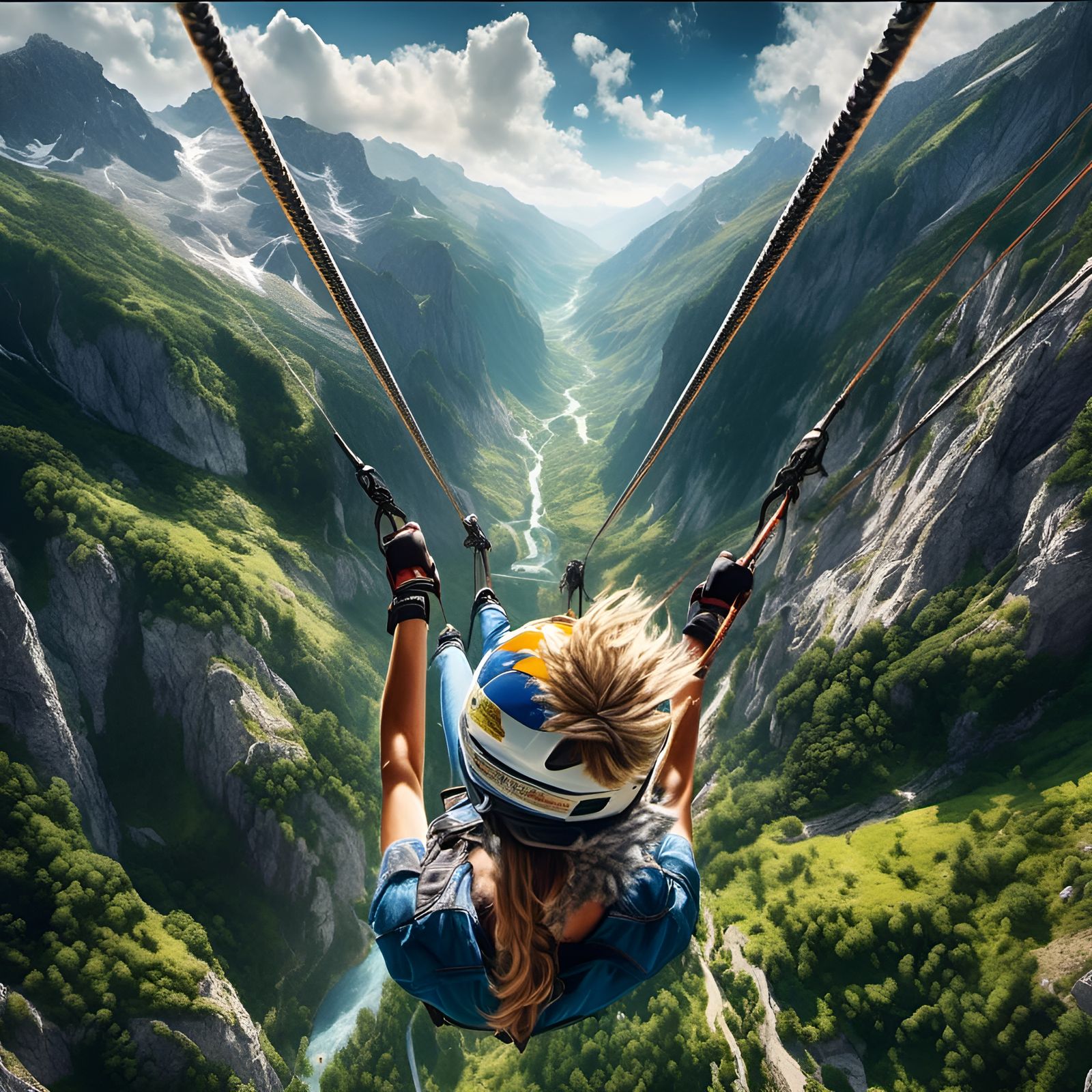 Hyperrealistic Alpine Zipline Adventure Close-Up