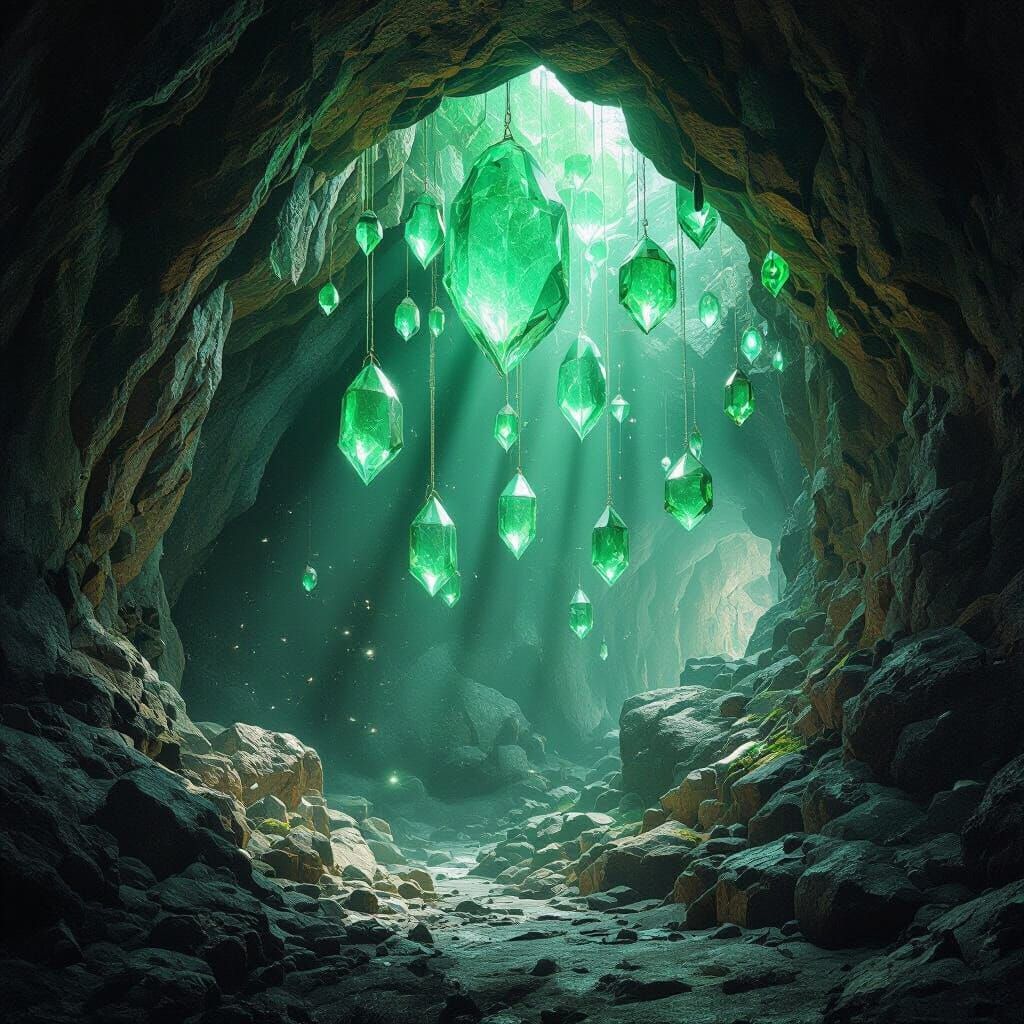 Emerald Cavern Vista With Glistening Jewels