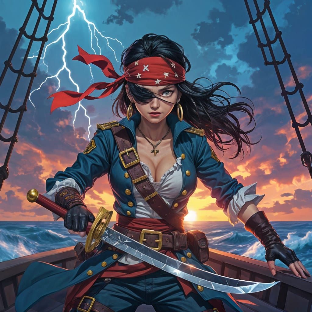 Female Pirate Captain in Stormy Seas Anime Style