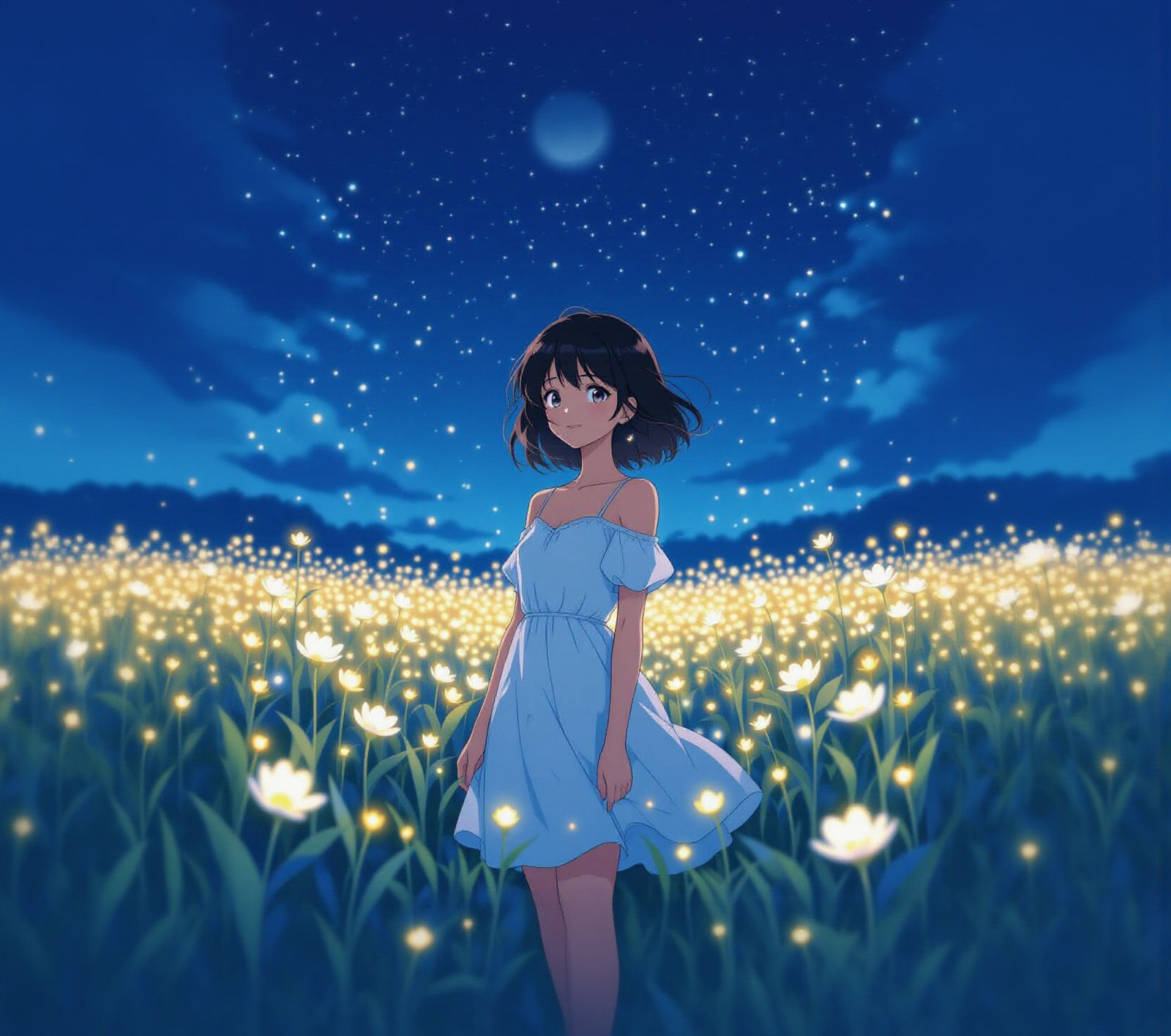 Anime Girl in Pale Blue Dress with Bob Cut