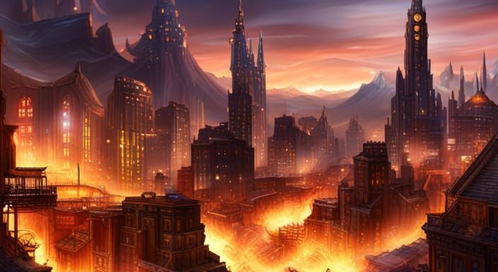 Steampunk City on Fire, Mountain Backdrop