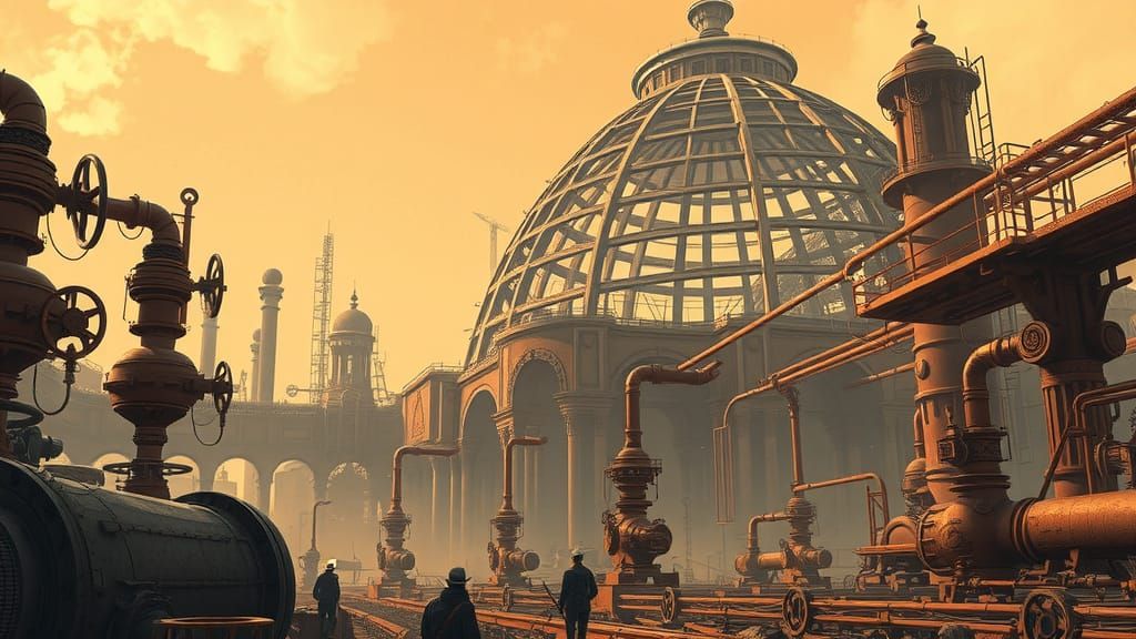 Steampunk Metropolis: Dome Construction in Sepia 8-bit