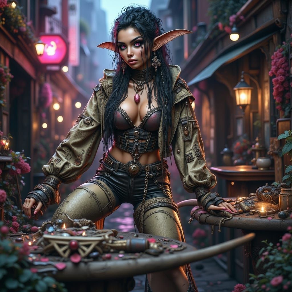 Muscular Punk Rock Goblin Girl With Pink Eyes