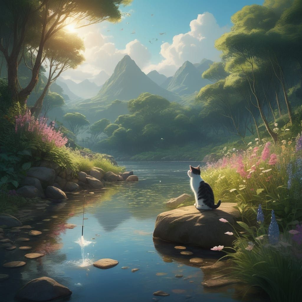 Whimsical Kitten Fishing Scene in a Serene Riverside Setting