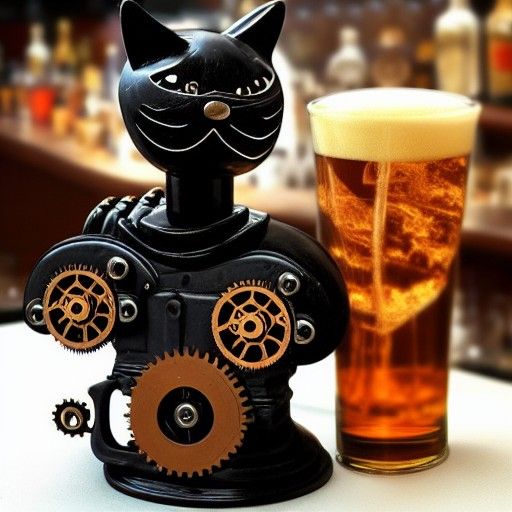 Steampunk Black Cat Bartender in a Detailed Bar