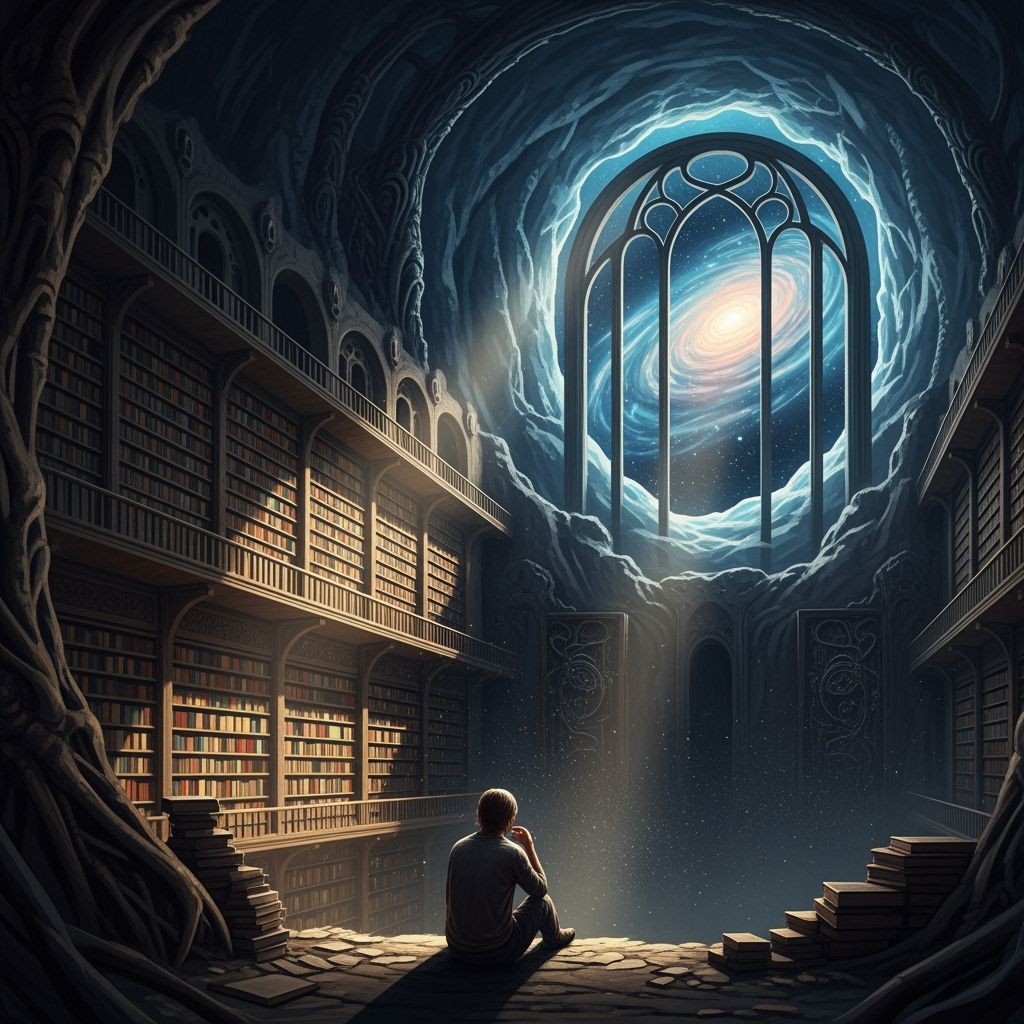 Figure Gazes at Cosmic Nebula in Mountain Library